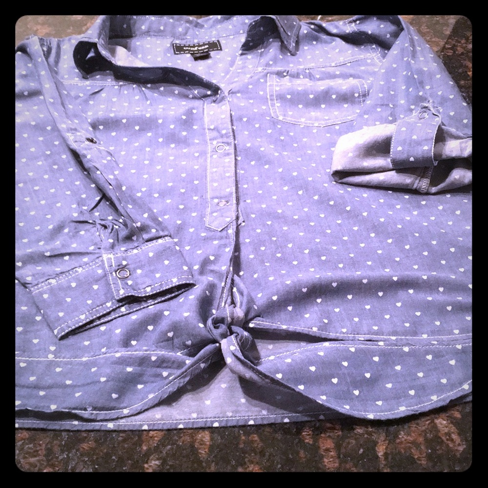 Confess Cute Chambray Blouse with White Hearts!